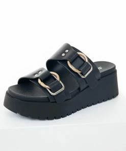 FORTUNE DYNAMIC Black Faux Leather Platform Sandals With Buckles