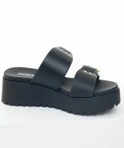 FORTUNE DYNAMIC Black Faux Leather Platform Sandals With Buckles