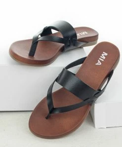 MIA Black Faux Leather Strappy Flat Thong Sandals Shoes