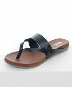 MIA Black Faux Leather Strappy Flat Thong Sandals Shoes