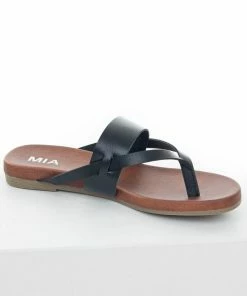 MIA Black Faux Leather Strappy Flat Thong Sandals Shoes