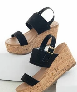 Shoe La La Shoes Black Faux Suede Double Strap Open Toe Wedges