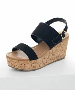 Shoe La La Shoes Black Faux Suede Double Strap Open Toe Wedges