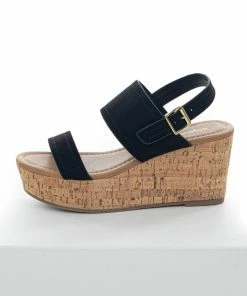 Shoe La La Shoes Black Faux Suede Double Strap Open Toe Wedges