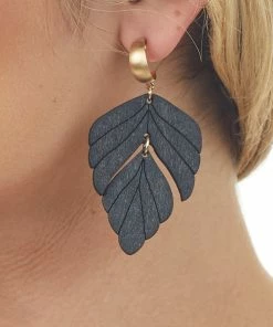 Fame Accessories Black Faux Wood Leaf Huggie Drop Earrings