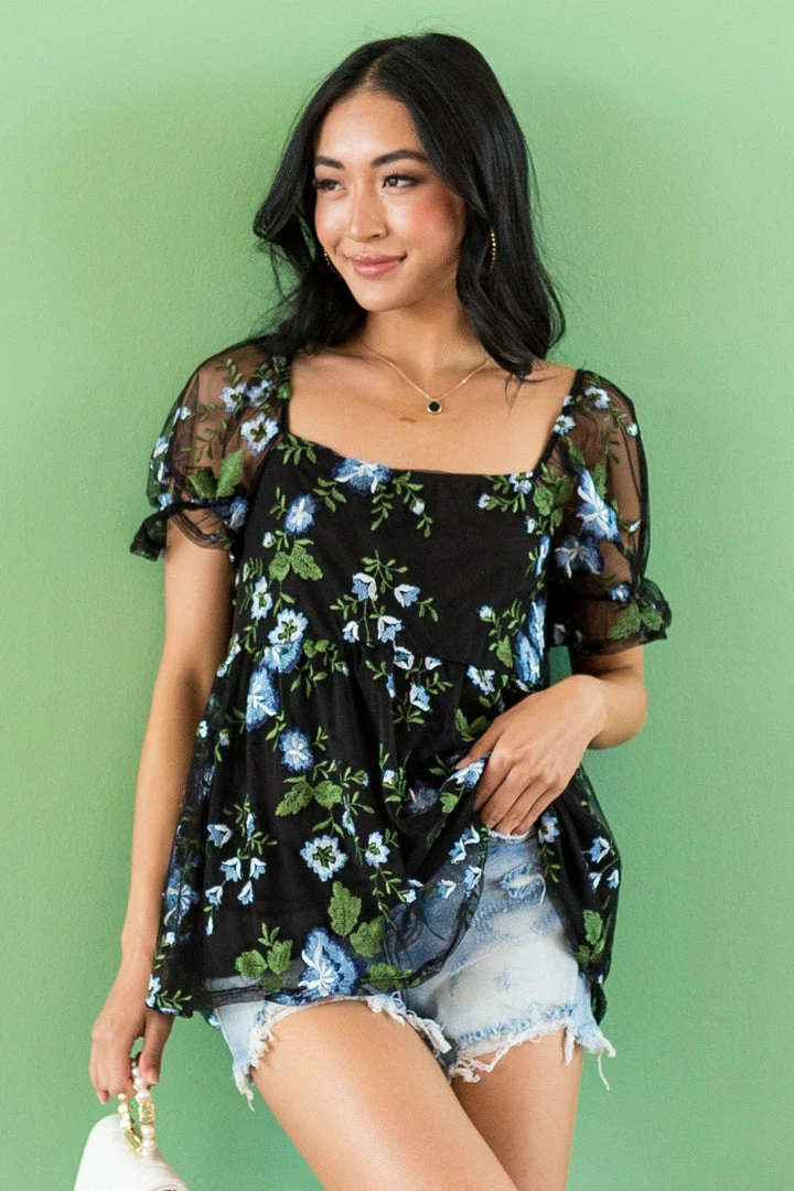 SugarFox Black Floral Embroidered Mesh Babydoll Blouse Tops 4 SugarFox Black Floral Embroidered Mesh Babydoll Blouse Tops