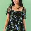SugarFox Black Floral Embroidered Mesh Babydoll Blouse Tops