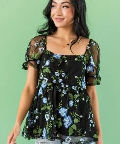 SugarFox Black Floral Embroidered Mesh Babydoll Blouse Tops