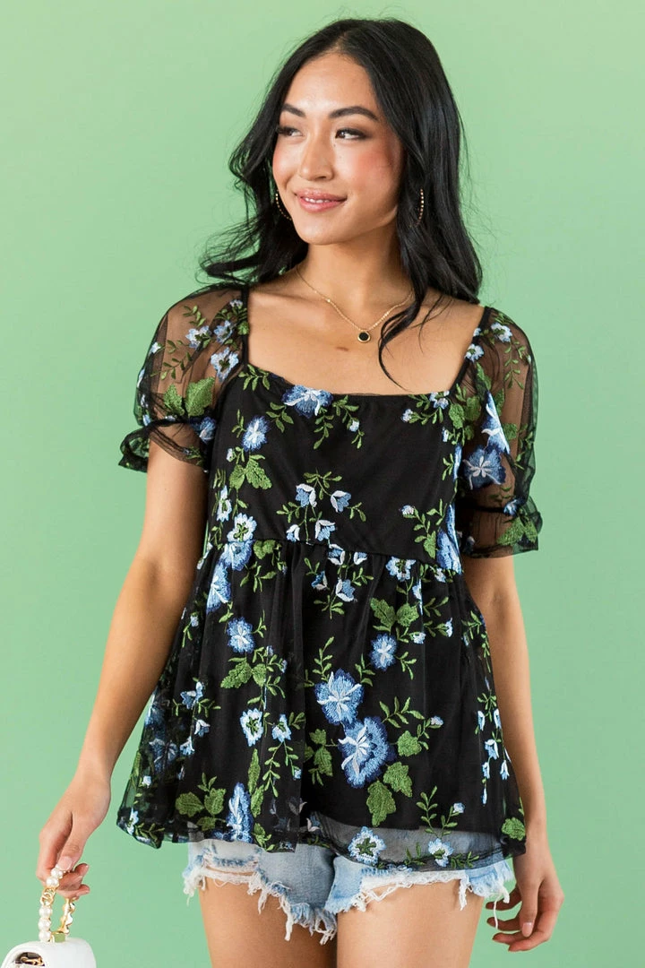 SugarFox Black Floral Embroidered Mesh Babydoll Blouse Tops 3 SugarFox Black Floral Embroidered Mesh Babydoll Blouse Tops