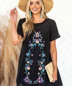 Umgee Black Floral Embroidered Short Shift Dress Dresses