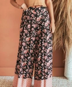 Ces Femme Black Floral Smocked Waist Flowy Leg Pants