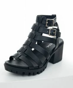 FORTUNE DYNAMIC Shoes Black Leather Strappy Treaded Heeled Sandals