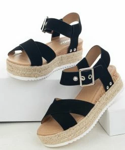 FORTUNE DYNAMIC Black Platform Espadrille Sandals With Buckle