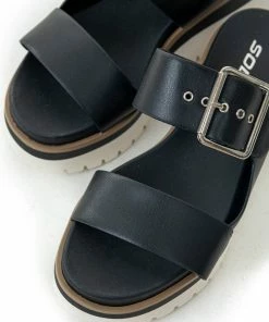 FORTUNE DYNAMIC Black Platform Silver Buckle Strap Slip On Sandals