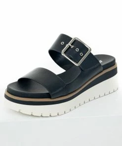 FORTUNE DYNAMIC Black Platform Silver Buckle Strap Slip On Sandals