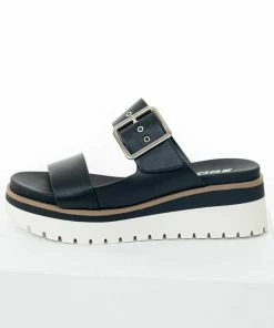 FORTUNE DYNAMIC Black Platform Silver Buckle Strap Slip On Sandals