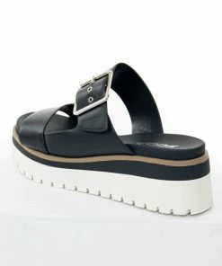FORTUNE DYNAMIC Black Platform Silver Buckle Strap Slip On Sandals