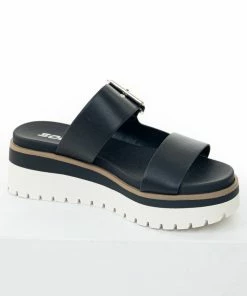 FORTUNE DYNAMIC Black Platform Silver Buckle Strap Slip On Sandals