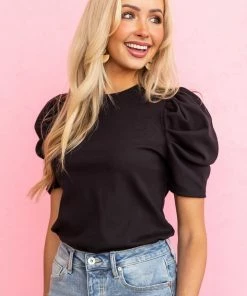 Ces Femme Black Ribbed Knit Top With Short Puff Sleeves Tops