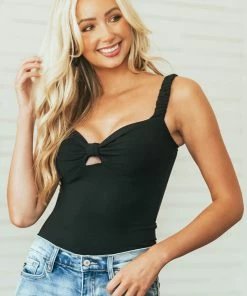 Listicle Black Sleeveless Padded Ribbed Knit Bodysuit Tops