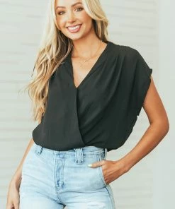 Kori America Black Surplice Blouson Woven Bodysuit Tops
