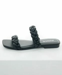 FORTUNE DYNAMIC Black Braided Strap Square Toe Flat Sandals Shoes