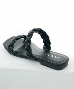 FORTUNE DYNAMIC Black Braided Strap Square Toe Flat Sandals Shoes
