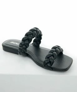 FORTUNE DYNAMIC Black Braided Strap Square Toe Flat Sandals Shoes