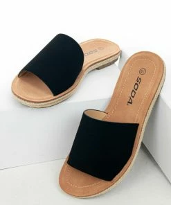 FORTUNE DYNAMIC Shoes Black Faux Leather Solid Strap Flat Sandals