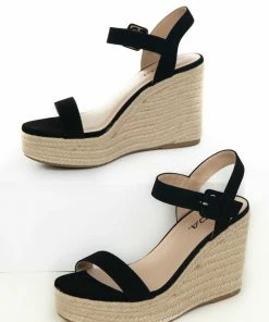FORTUNE DYNAMIC Black Faux Nubuck Open Toe Espadrille Wedges