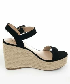 FORTUNE DYNAMIC Black Faux Nubuck Open Toe Espadrille Wedges