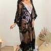 Davi & Dani Tops Black Sheer Floral Lace Maxi Kimono