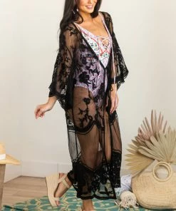 Davi & Dani Tops Black Sheer Floral Lace Maxi Kimono