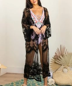Davi & Dani Tops Black Sheer Floral Lace Maxi Kimono