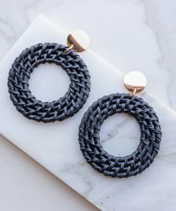 Fame Accessories Black And Gold Rattan Weave Hoop Earrings