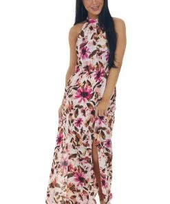 Staccato Dresses Blush Floral Print Halter Neck Maxi Dress