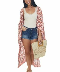 Umgee Blush Printed Wing Sleeve Duster Kimono Tops