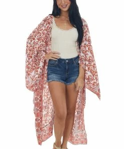 Umgee Blush Printed Wing Sleeve Duster Kimono Tops