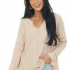 143 Story Blush Waffle Knit Notch Neck Top With Reverse Seam Details Tops