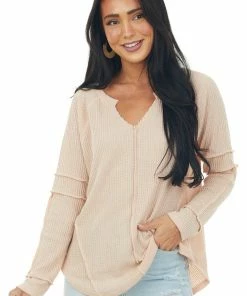 143 Story Blush Waffle Knit Notch Neck Top With Reverse Seam Details Tops