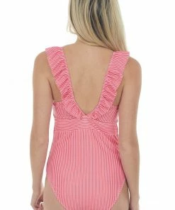 Davi & Dani Blush And Ruby Striped Ruffle One Piece Swimsuit Accessories