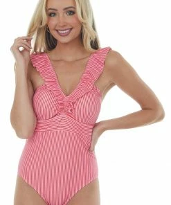 Davi & Dani Blush And Ruby Striped Ruffle One Piece Swimsuit Accessories
