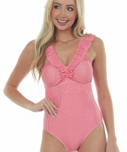 Davi & Dani Blush And Ruby Striped Ruffle One Piece Swimsuit Accessories