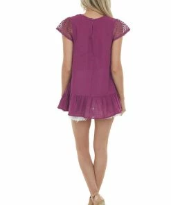 Davi & Dani Tops Boysenberry Eyelet Lace Yoke Tunic Blouse