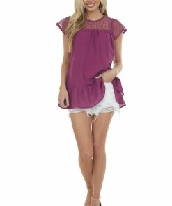Davi & Dani Tops Boysenberry Eyelet Lace Yoke Tunic Blouse