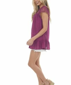 Davi & Dani Tops Boysenberry Eyelet Lace Yoke Tunic Blouse