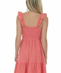 Ces Femme Dresses Bright Coral Ruffle Dress With Elastic Waist
