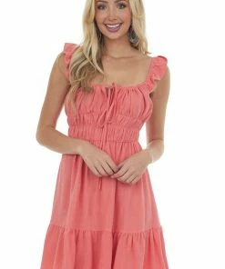 Ces Femme Dresses Bright Coral Ruffle Dress With Elastic Waist