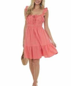 Ces Femme Dresses Bright Coral Ruffle Dress With Elastic Waist
