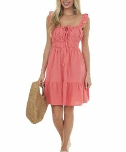 Ces Femme Dresses Bright Coral Ruffle Dress With Elastic Waist